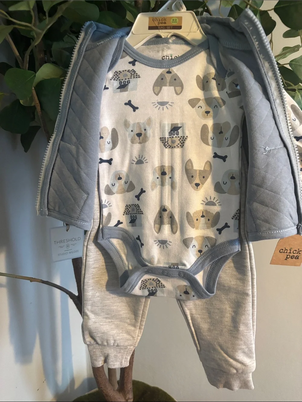 chick pea Light Blue Quilted Vest Set with Dog-Print Bodysuit and Gray Pan 3 pcs